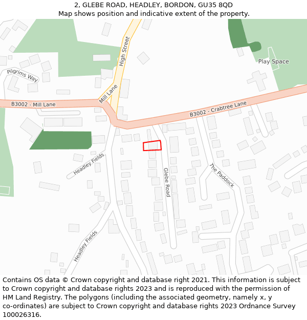 2, GLEBE ROAD, HEADLEY, BORDON, GU35 8QD: Location map and indicative extent of plot