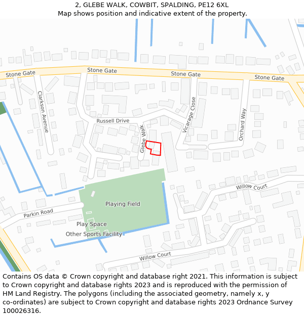 2, GLEBE WALK, COWBIT, SPALDING, PE12 6XL: Location map and indicative extent of plot