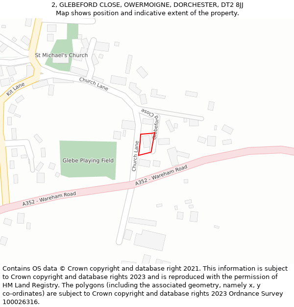 2, GLEBEFORD CLOSE, OWERMOIGNE, DORCHESTER, DT2 8JJ: Location map and indicative extent of plot