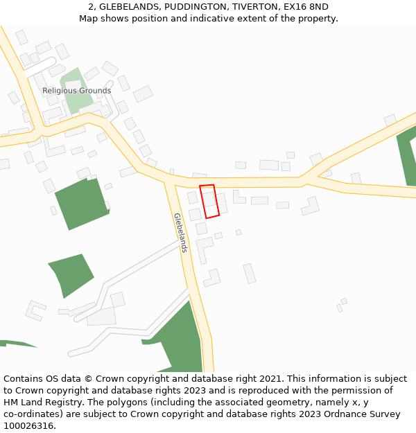 2, GLEBELANDS, PUDDINGTON, TIVERTON, EX16 8ND: Location map and indicative extent of plot