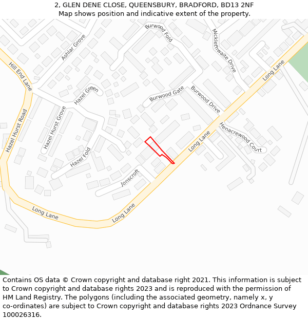 2, GLEN DENE CLOSE, QUEENSBURY, BRADFORD, BD13 2NF: Location map and indicative extent of plot