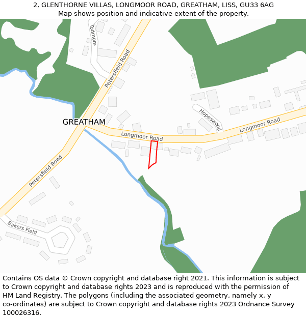 2, GLENTHORNE VILLAS, LONGMOOR ROAD, GREATHAM, LISS, GU33 6AG: Location map and indicative extent of plot