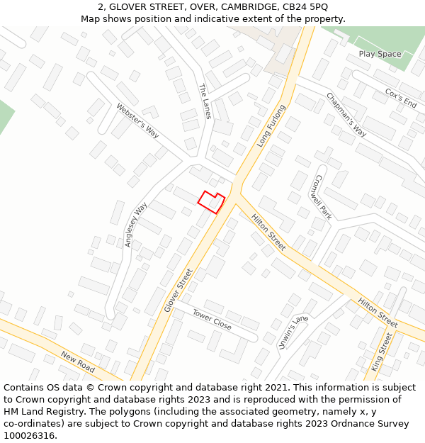 2, GLOVER STREET, OVER, CAMBRIDGE, CB24 5PQ: Location map and indicative extent of plot