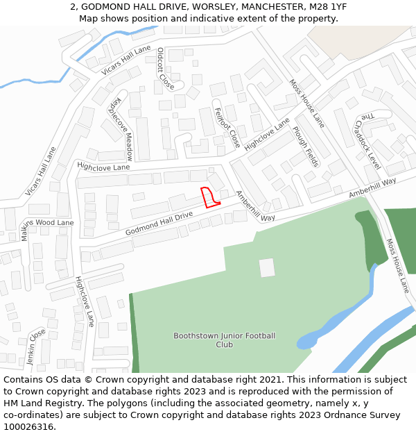 2, GODMOND HALL DRIVE, WORSLEY, MANCHESTER, M28 1YF: Location map and indicative extent of plot