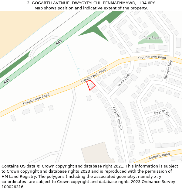 2, GOGARTH AVENUE, DWYGYFYLCHI, PENMAENMAWR, LL34 6PY: Location map and indicative extent of plot