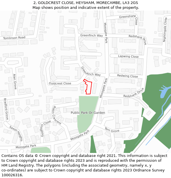 2, GOLDCREST CLOSE, HEYSHAM, MORECAMBE, LA3 2GS: Location map and indicative extent of plot