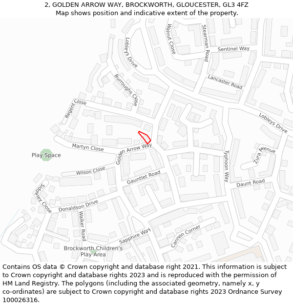 2, GOLDEN ARROW WAY, BROCKWORTH, GLOUCESTER, GL3 4FZ: Location map and indicative extent of plot