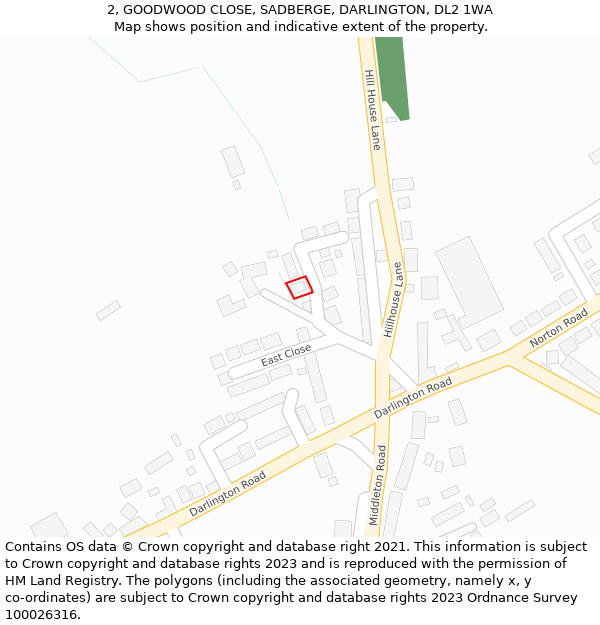 2, GOODWOOD CLOSE, SADBERGE, DARLINGTON, DL2 1WA: Location map and indicative extent of plot