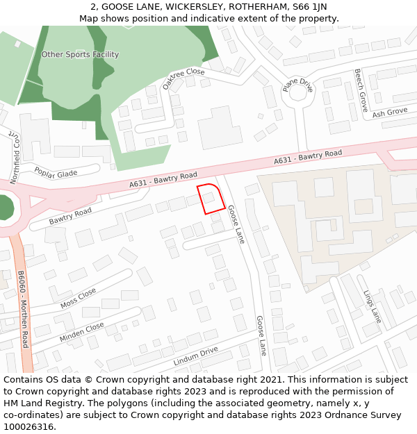 2, GOOSE LANE, WICKERSLEY, ROTHERHAM, S66 1JN: Location map and indicative extent of plot