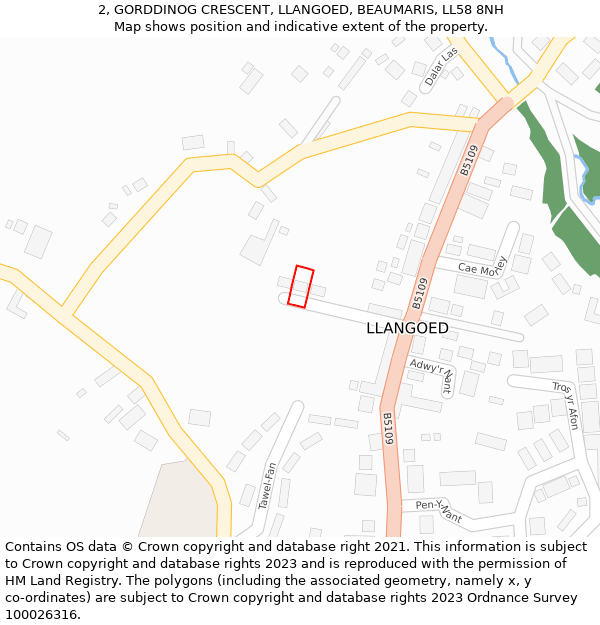 2, GORDDINOG CRESCENT, LLANGOED, BEAUMARIS, LL58 8NH: Location map and indicative extent of plot