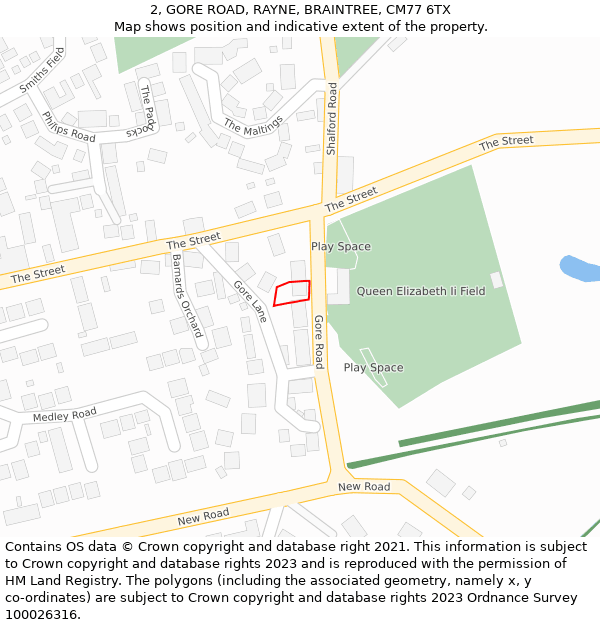 2, GORE ROAD, RAYNE, BRAINTREE, CM77 6TX: Location map and indicative extent of plot