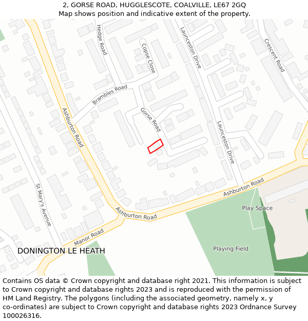 2, GORSE ROAD, HUGGLESCOTE, COALVILLE, LE67 2GQ: Location map and indicative extent of plot