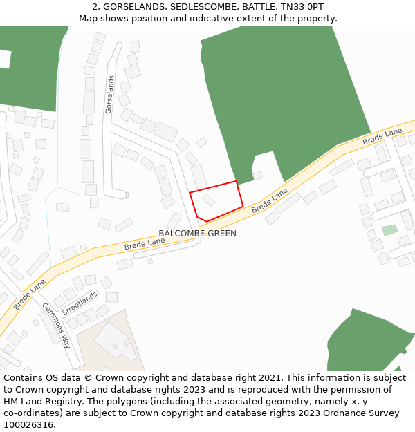 2, GORSELANDS, SEDLESCOMBE, BATTLE, TN33 0PT: Location map and indicative extent of plot