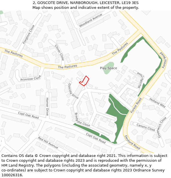 2, GOSCOTE DRIVE, NARBOROUGH, LEICESTER, LE19 3ES: Location map and indicative extent of plot