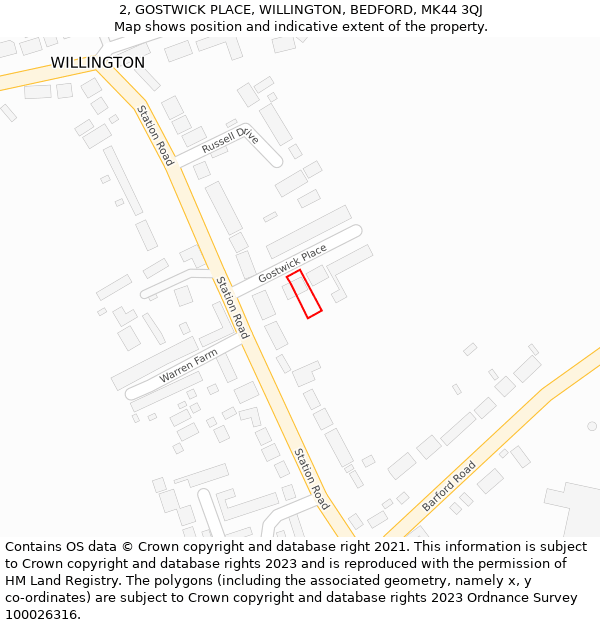 2, GOSTWICK PLACE, WILLINGTON, BEDFORD, MK44 3QJ: Location map and indicative extent of plot