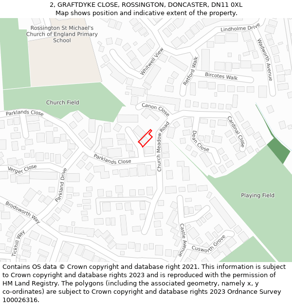 2, GRAFTDYKE CLOSE, ROSSINGTON, DONCASTER, DN11 0XL: Location map and indicative extent of plot