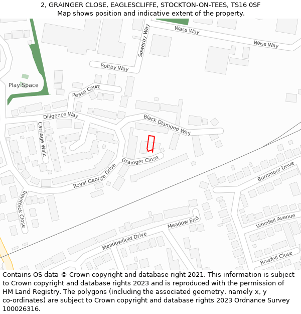 2, GRAINGER CLOSE, EAGLESCLIFFE, STOCKTON-ON-TEES, TS16 0SF: Location map and indicative extent of plot