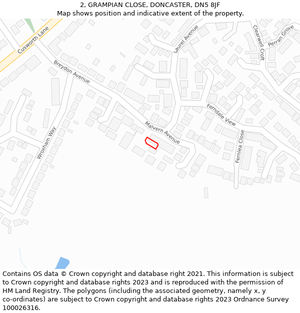 2, GRAMPIAN CLOSE, DONCASTER, DN5 8JF: Location map and indicative extent of plot