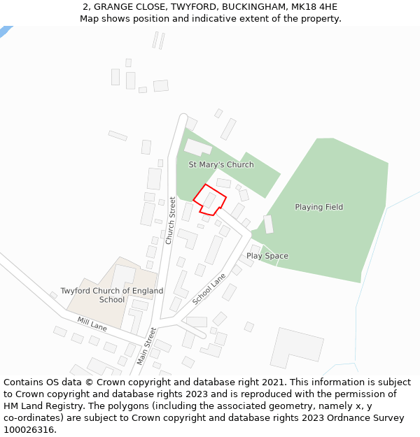 2, GRANGE CLOSE, TWYFORD, BUCKINGHAM, MK18 4HE: Location map and indicative extent of plot