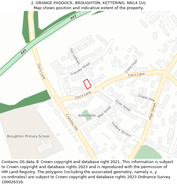 2, GRANGE PADDOCK, BROUGHTON, KETTERING, NN14 1UL: Location map and indicative extent of plot