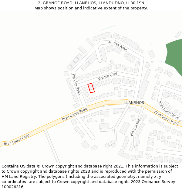 2, GRANGE ROAD, LLANRHOS, LLANDUDNO, LL30 1SN: Location map and indicative extent of plot