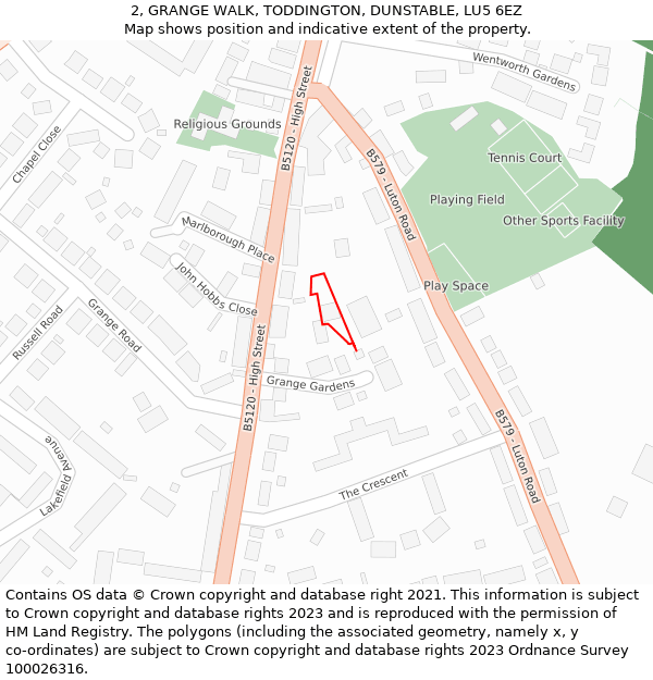 2, GRANGE WALK, TODDINGTON, DUNSTABLE, LU5 6EZ: Location map and indicative extent of plot