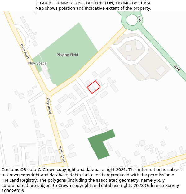 2, GREAT DUNNS CLOSE, BECKINGTON, FROME, BA11 6AF: Location map and indicative extent of plot