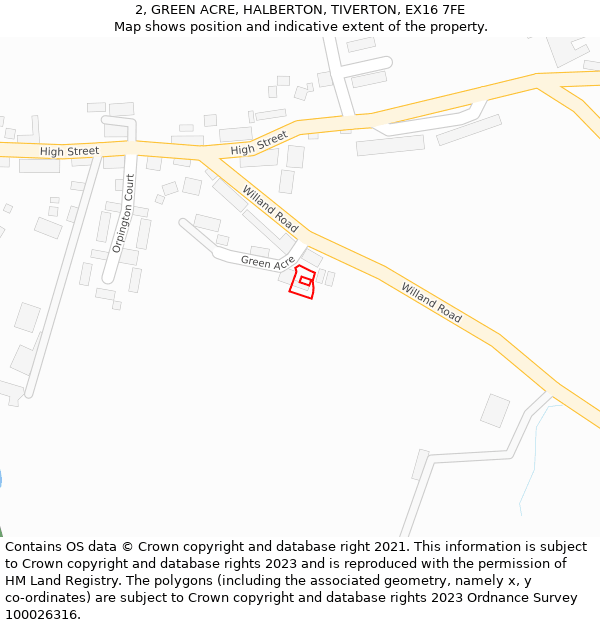 2, GREEN ACRE, HALBERTON, TIVERTON, EX16 7FE: Location map and indicative extent of plot