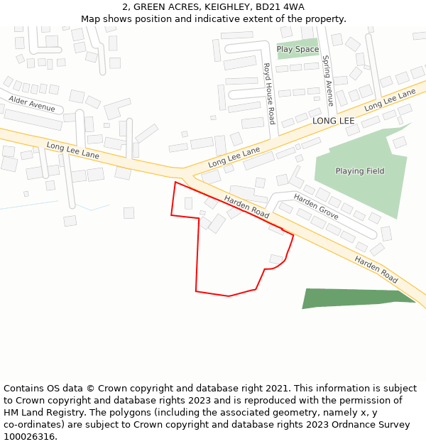 2, GREEN ACRES, KEIGHLEY, BD21 4WA: Location map and indicative extent of plot