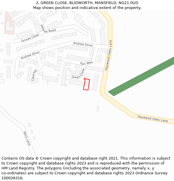 2, GREEN CLOSE, BLIDWORTH, MANSFIELD, NG21 0UD: Location map and indicative extent of plot