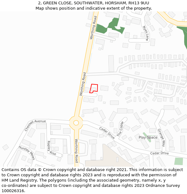 2, GREEN CLOSE, SOUTHWATER, HORSHAM, RH13 9UU: Location map and indicative extent of plot