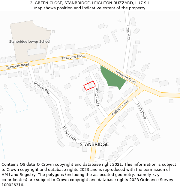 2, GREEN CLOSE, STANBRIDGE, LEIGHTON BUZZARD, LU7 9JL: Location map and indicative extent of plot