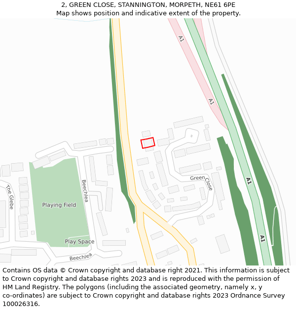 2, GREEN CLOSE, STANNINGTON, MORPETH, NE61 6PE: Location map and indicative extent of plot