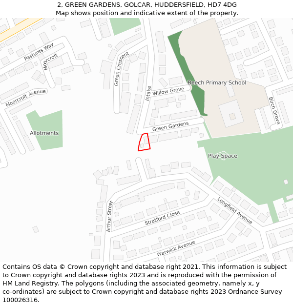 2, GREEN GARDENS, GOLCAR, HUDDERSFIELD, HD7 4DG: Location map and indicative extent of plot