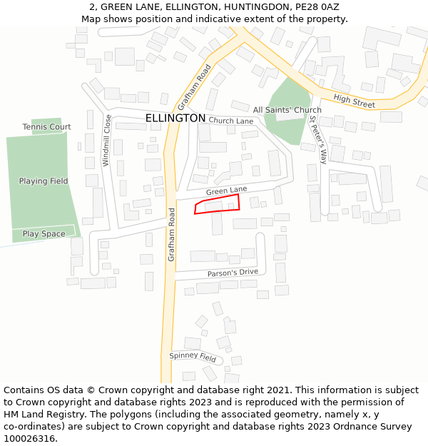 2, GREEN LANE, ELLINGTON, HUNTINGDON, PE28 0AZ: Location map and indicative extent of plot