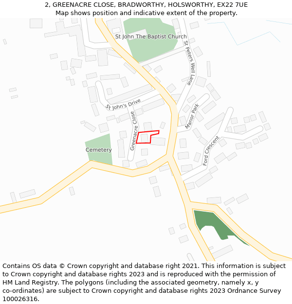 2, GREENACRE CLOSE, BRADWORTHY, HOLSWORTHY, EX22 7UE: Location map and indicative extent of plot