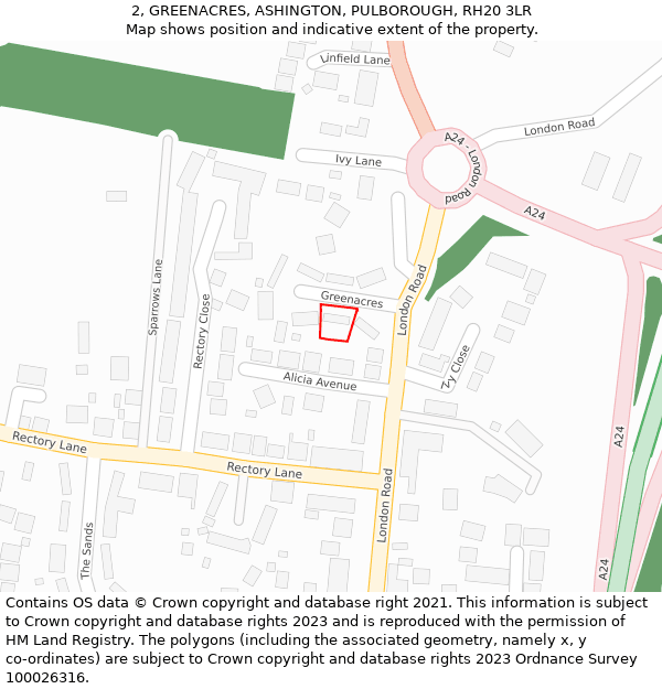 2, GREENACRES, ASHINGTON, PULBOROUGH, RH20 3LR: Location map and indicative extent of plot