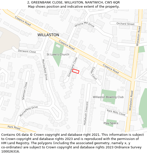 2, GREENBANK CLOSE, WILLASTON, NANTWICH, CW5 6QR: Location map and indicative extent of plot