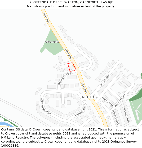 2, GREENDALE DRIVE, WARTON, CARNFORTH, LA5 9JT: Location map and indicative extent of plot