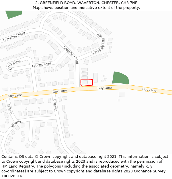 2, GREENFIELD ROAD, WAVERTON, CHESTER, CH3 7NF: Location map and indicative extent of plot