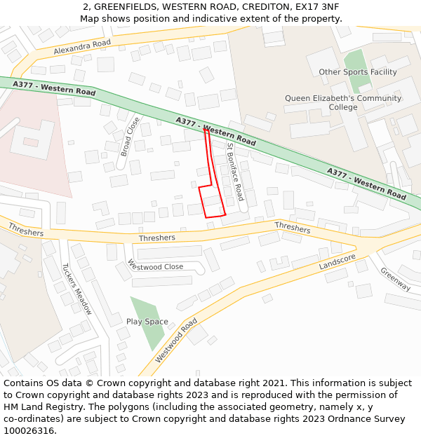 2, GREENFIELDS, WESTERN ROAD, CREDITON, EX17 3NF: Location map and indicative extent of plot