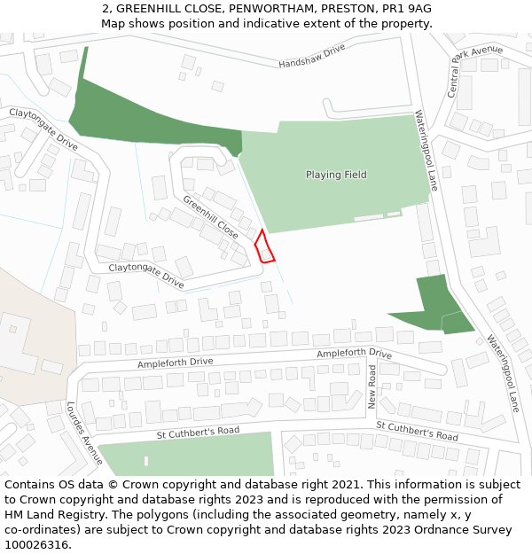 2, GREENHILL CLOSE, PENWORTHAM, PRESTON, PR1 9AG: Location map and indicative extent of plot