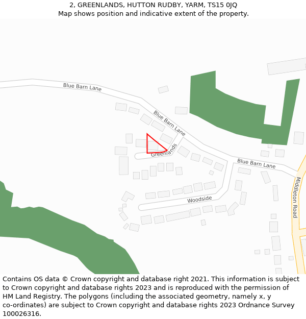 2, GREENLANDS, HUTTON RUDBY, YARM, TS15 0JQ: Location map and indicative extent of plot