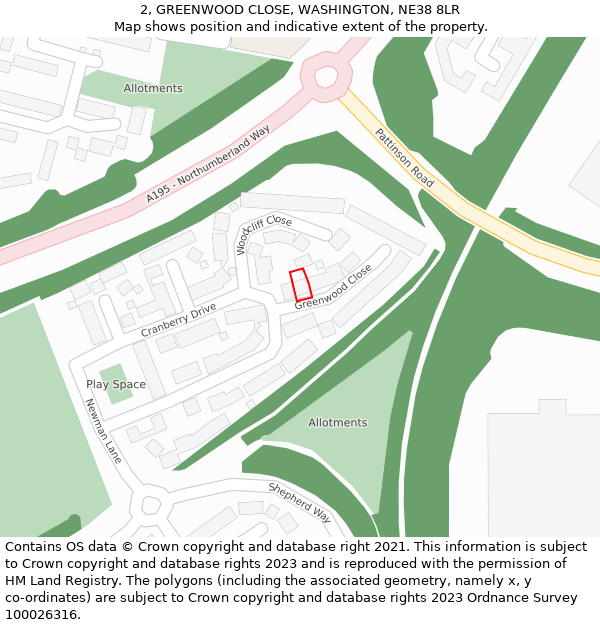 2, GREENWOOD CLOSE, WASHINGTON, NE38 8LR: Location map and indicative extent of plot