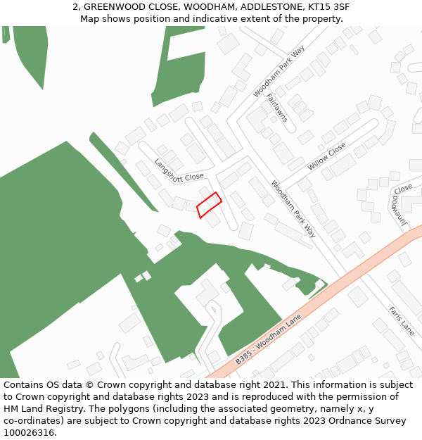 2, GREENWOOD CLOSE, WOODHAM, ADDLESTONE, KT15 3SF: Location map and indicative extent of plot