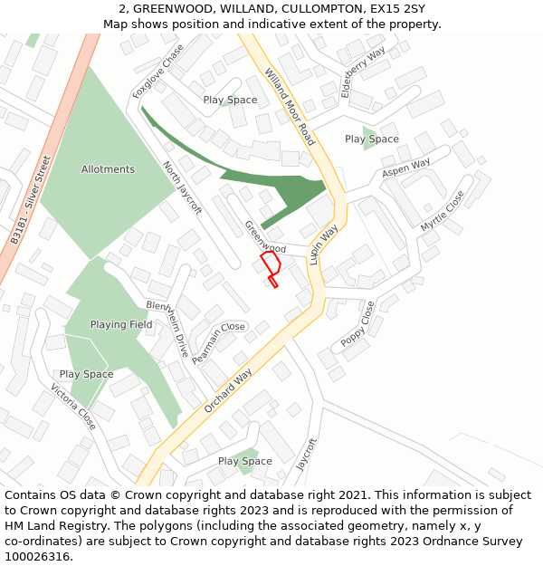 2, GREENWOOD, WILLAND, CULLOMPTON, EX15 2SY: Location map and indicative extent of plot