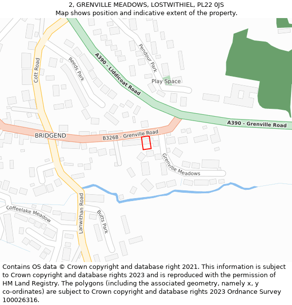 2, GRENVILLE MEADOWS, LOSTWITHIEL, PL22 0JS: Location map and indicative extent of plot