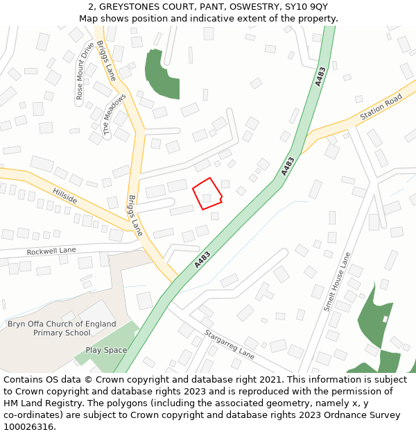 2, GREYSTONES COURT, PANT, OSWESTRY, SY10 9QY: Location map and indicative extent of plot