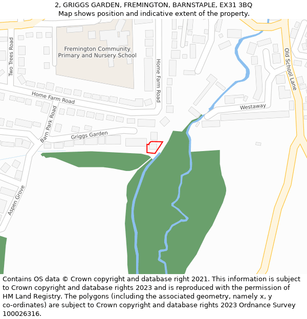 2, GRIGGS GARDEN, FREMINGTON, BARNSTAPLE, EX31 3BQ: Location map and indicative extent of plot