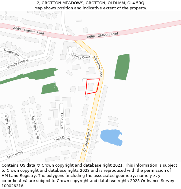 2, GROTTON MEADOWS, GROTTON, OLDHAM, OL4 5RQ: Location map and indicative extent of plot